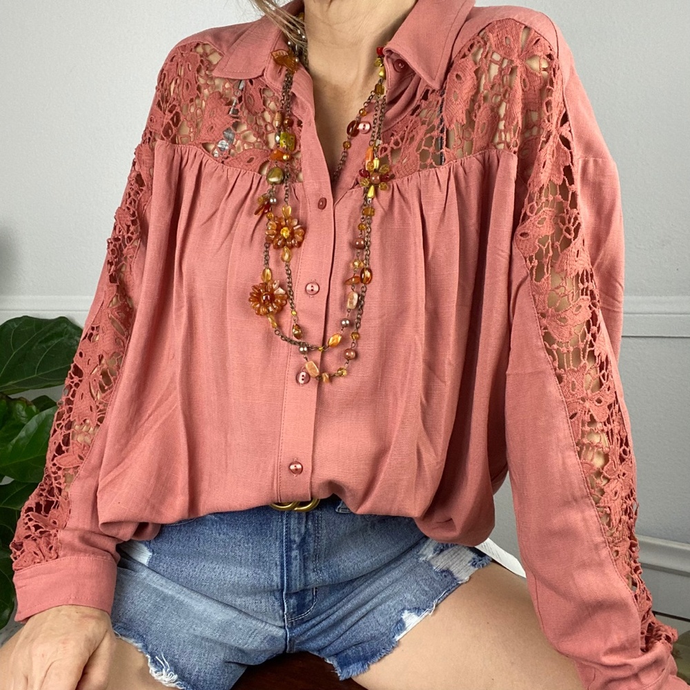 Crochet Button Up Shirt Salmon Long Sleeve Nude Rayon Lace Boho Colored NEW